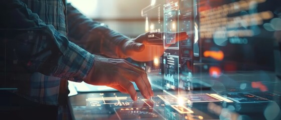 Poster - A close up view of a ux developer and ui designer using augmented reality to brainstorm about mobile application interface wireframe design at a modern office building. Creative digital development
