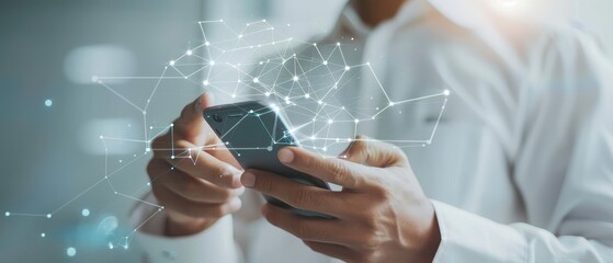 Poster - In this video, you'll see a businessman using his smartphone on a global network, to collect sale data from investors and customers and to develop his business. He's using a mobile device for his