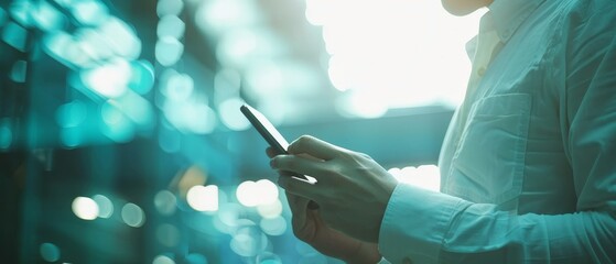 Leinwandbilder - The businessman uses a mobile and digital device to connect to investors and customers to exchange sales data and develop the business. Technology and digital marketing. Financial and banking