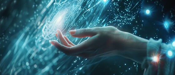 Poster - An image of a woman touching the metaverse universe, a conceptual representation of digital transformation for the next generation of technology.