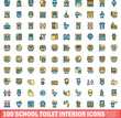 © ylivdesign - 100 school toilet interior icons set. Color line set of school toilet interior vector icons thin line color flat on white
