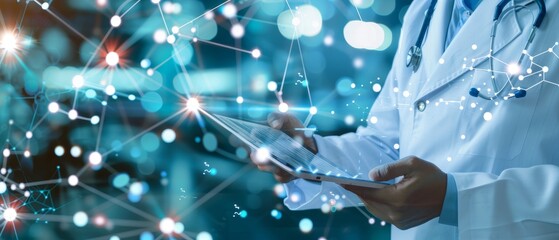 Poster - Medical technology. Doctor diagnoses digital patient record on virtual medical network. International health care. Digital healthcare and network interface.