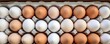 BIO fresh chicken eggs in paper box in supermarket, food protein healthy food banner. Generative Ai.