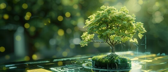 Poster - Convergent green computing, green technology, green IT, corporate responsibility, and IT ethics. Tree growing on digital plant pot. Concept of Eco Technology and Technology Convergence.