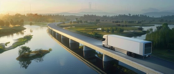 Poster - A semi-truck traveling over a bridge, driven autonomously by artificial intelligence, delivering cargo to the future. Artificial intelligence. Self-driving cars..