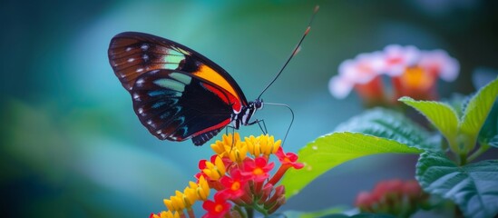 Canvas Print - Vibrant butterfly perched gracefully on top of a blooming flower in the garden