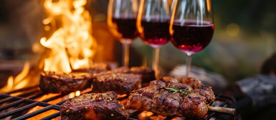 Wall Mural - Sizzling grill loaded with assorted meats and a glass of exquisite wine for outdoor barbecue party