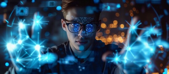 Focused man with glasses analyzing data on computer screen in office