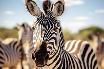 Wall Mural - Close-up of a zebra's face with other zebras in the background. Suitable for wildlife and nature concepts