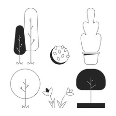 Wall Mural - Lawn ornaments black and white 2D line cartoon objects set. Flowers blooming spring. Potted trees bushes isolated vector outline items collection. Vegetation monochromatic flat spot illustrations