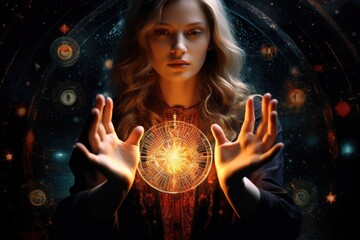 Poster - A woman holding a glowing object. Ideal for technology concepts