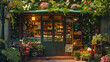 Beautiful cafe in the garden and blooming flowers background
