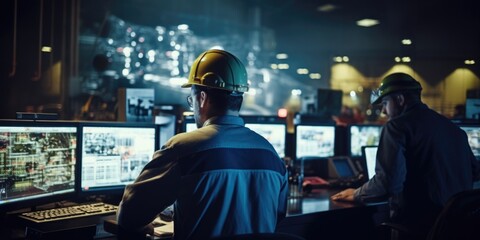 Wall Mural - Two men in hard hats working on multiple computer screens. Suitable for technology and construction industry concepts