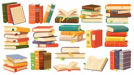 Aufkleber - A stack of books for reading. A stack of textbooks for education. A set of books, dictionaries, encyclopedias, planners with bookmarks.