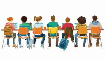 Aufkleber - Isolated white background with drawing of people working at desks with laptops, discussing start-ups. Team of colleagues meeting at a desk. Coworking concept.  illustration in color.