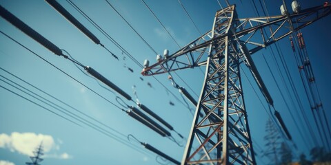 High voltage power line with blue sky background, suitable for industrial and technology concepts