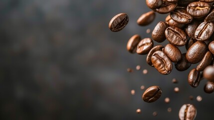 Levitating roasted coffee beans on dark background for cafes and coffee shops advertisement