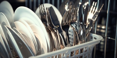 A basket filled with white and silver utensils, perfect for kitchen or dining concepts