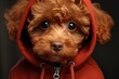 A cute brown dog wearing a red hoodie, perfect for pet lovers