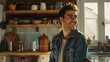 Happy young man in a denim jacket smiling in a sunny kitchen.