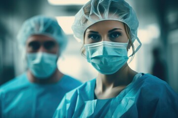 Canvas Print - A man and a woman wearing surgical gear. Suitable for medical concepts