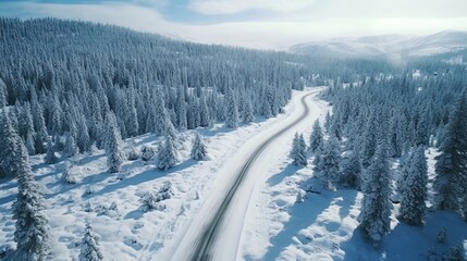 Canvas Print - A snowy forest road from above. Perfect for winter landscapes