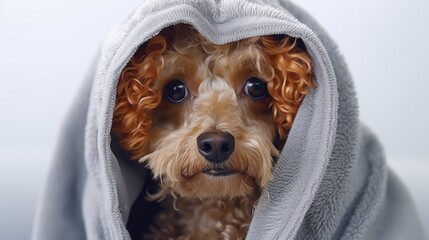  A cute dog wrapped up in a towel, making eye contact with the camera. Ideal for pet grooming or animal care concepts