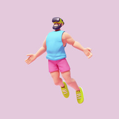 Full length of a young cute smiling bearded brunette man in VR glasses wears pink shorts, blue tank top, green sneakers in soaring pose with his arms raised like wings, fun. 3d render in pastel colors