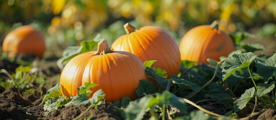 Canvas Print - Autumn harvest scene with a variety of pumpkins sitting on the ground in the pumpkin patch