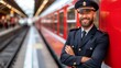 © Ilja - Confident and friendly bearded train driver with crossed arms posing in front of his train