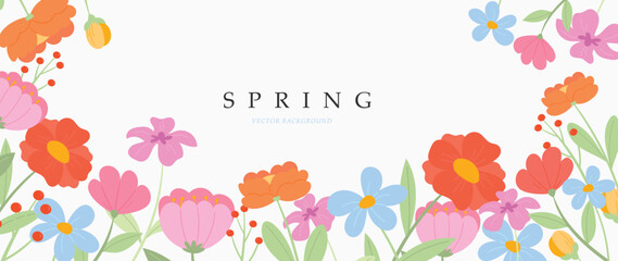 Spring floral art background vector illustration. Watercolor hand painted botanical flower, leaves, insect, butterflies. Design for wallpaper, poster, banner, card, print, web and packaging.