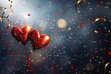 Poster - This is the design of a red pair of hearts. They have a bright light decorative garlands and golden confetti. It is a romantic background, creative banner, and web poster design.  illustration.