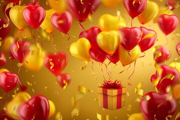 Poster - A festive background with heart shaped balloons, red and yellow colors, and an open gift box for Valentine's Day, a wedding, or a birthday.  illustration.