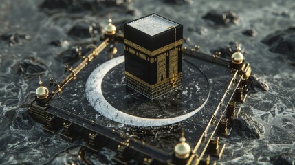 A photorealistic image of the Kaaba, a cubical structure located in the center book