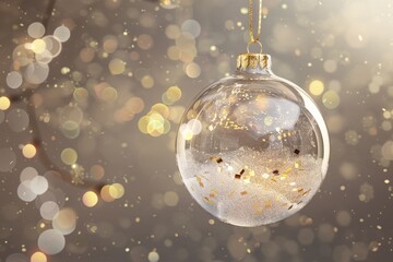 Leinwandbilder - Realistic 3d design of a glass ball with snow inside. Christmas decorations transparent balls empty, hanging on golden ribbons with gold glitter confetti and bokeh lights.  illustration.