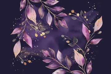 Sticker - Elegant garden  design suitable for banners, covers, invitations. Purple watercolor wedding invitation card template with leaf branches, gold glitters, foliage, and eucalyptus.