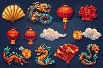 Leinwandbilder - Icons of Asian Lunar New Year decoration  set of Chinese paper lanterns, dragons, fans, clouds, coins, flowers. Traditional Oriental culture illustrations.