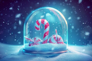 Wall Mural - In this Christmas winter background, a transparent glass snow dome is enclosed by a candy cane lie in a snow drift. A realistic 3D design is featured in a cartoon plastic style. Merry Christmas and