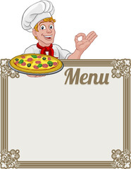 Sticker - A chef cook man cartoon character giving a perfect or okay chefs hand sign. Peeking over a background menu sign and holding a pizza.