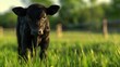 Curious Black Calf in Lush Green Field at Sunset