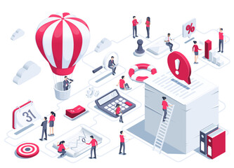 isometric vector illustration on white background, successful work, women and men in business clothes near the big chart, a man with a spyglass on a hot air balloon