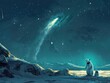 A comet lights up the minimalist night sky over the Persian Empire where the Mafia uses quantum computing watched by sharks pandas and polar bears in a silent dance