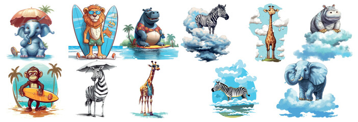 Poster - Playful Series of Animals in Activities: Elephant with Umbrella, Lion on Surfboard, Hippo in Water, Zebra and Giraffe in Clouds, Monkey