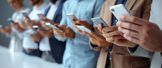 Row of diverse people using smartphones, focus on hands, technology concept