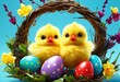  Two adorable yellow chicks  are in the  nest framed with flowers and colored Easter eggs in it.