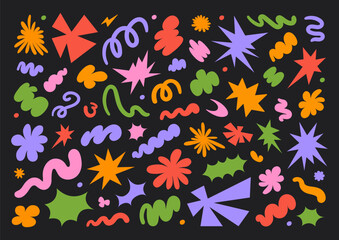 Aufkleber - Abstract set colorful retro groovy shapes on a black background. Trendy geometric cosmic starburst forms. Vector illustration in style 90s, 00s