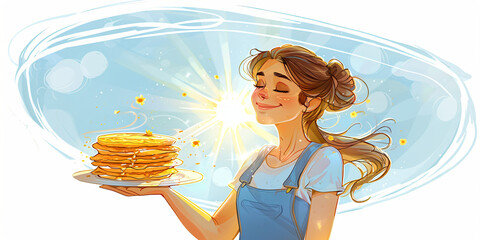 Wall Mural - Cute girl with thin pancakes or bliny on a plate in her hands. National russian festival. Maslenitsa or Shrovetide Day. Spring is coming concept. Illustration for banner or greeting card