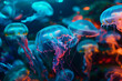 glowing sea jellyfishes on dark background, neural network generated image