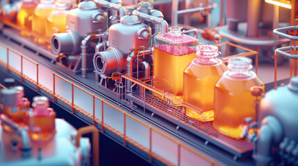 Poster - Cold drink factory production line, step by step process, isometric, pastel background, 3d. Generative AI.