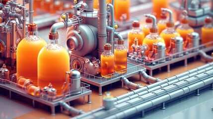 Poster - Cold drink factory production line, step by step process, isometric, pastel background, 3d. Generative AI.